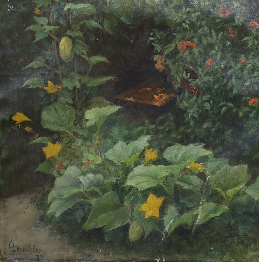 Leischler, oil on canvas, Sketch of courgette plant in a garden, signed and dated '37, 43 x 44cm